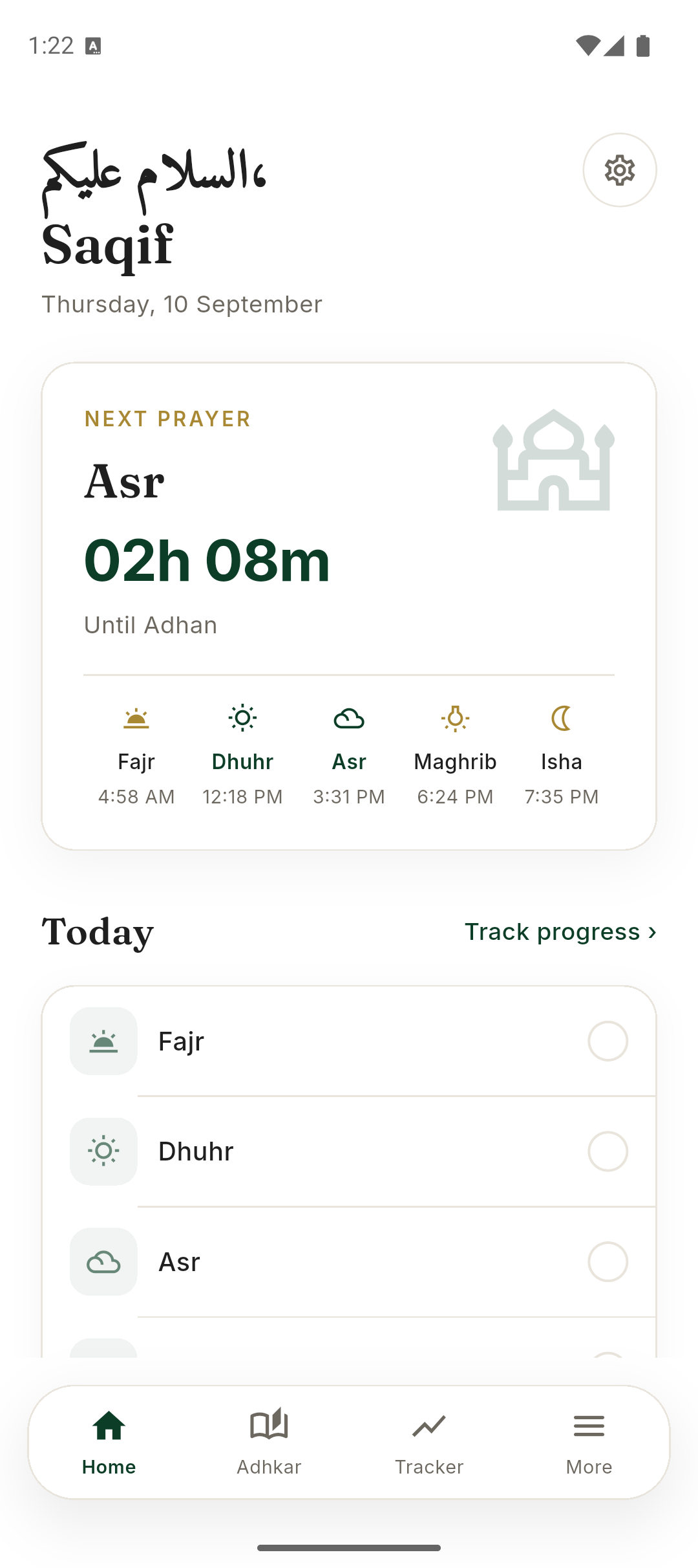 Tadhkirah home screen showing the next prayer and daily worship list